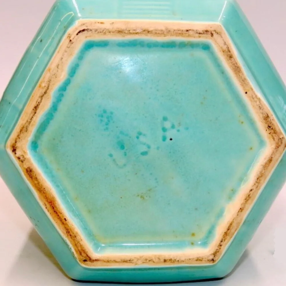 Shawnee Pottery marked USA turquoise cookie jar flower basket decoration vintage - Picture 2 of 2